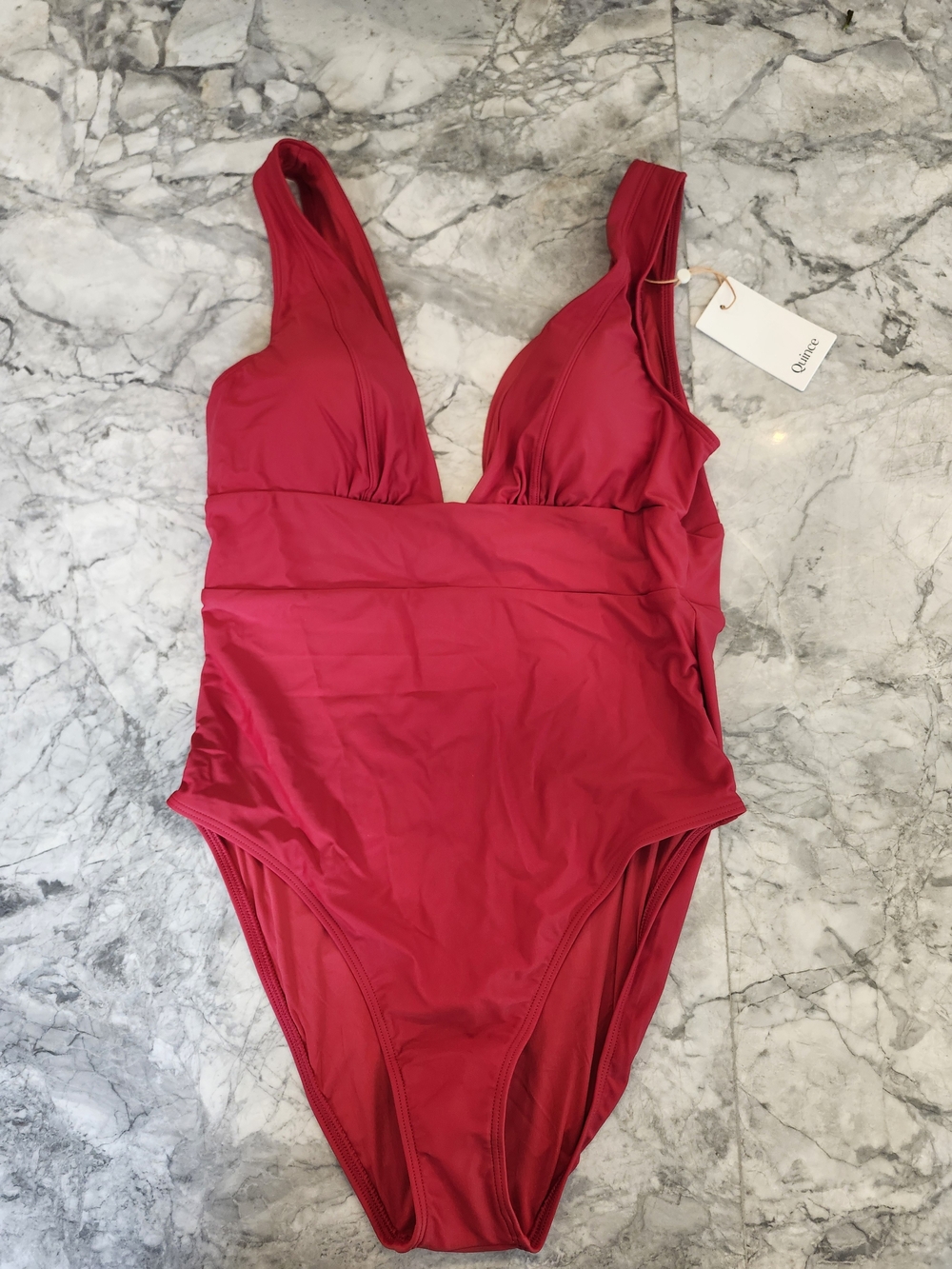 NWT Quince Italian Plunge One Piece Swimsuit L Cherry Red Sculpting Swimwear - Picture 6 of 9